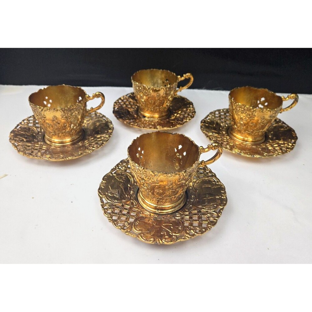 Gold Brass Gilded Plated Metal Demitasse Tea Set Cup Holder & Saucer Set of 4